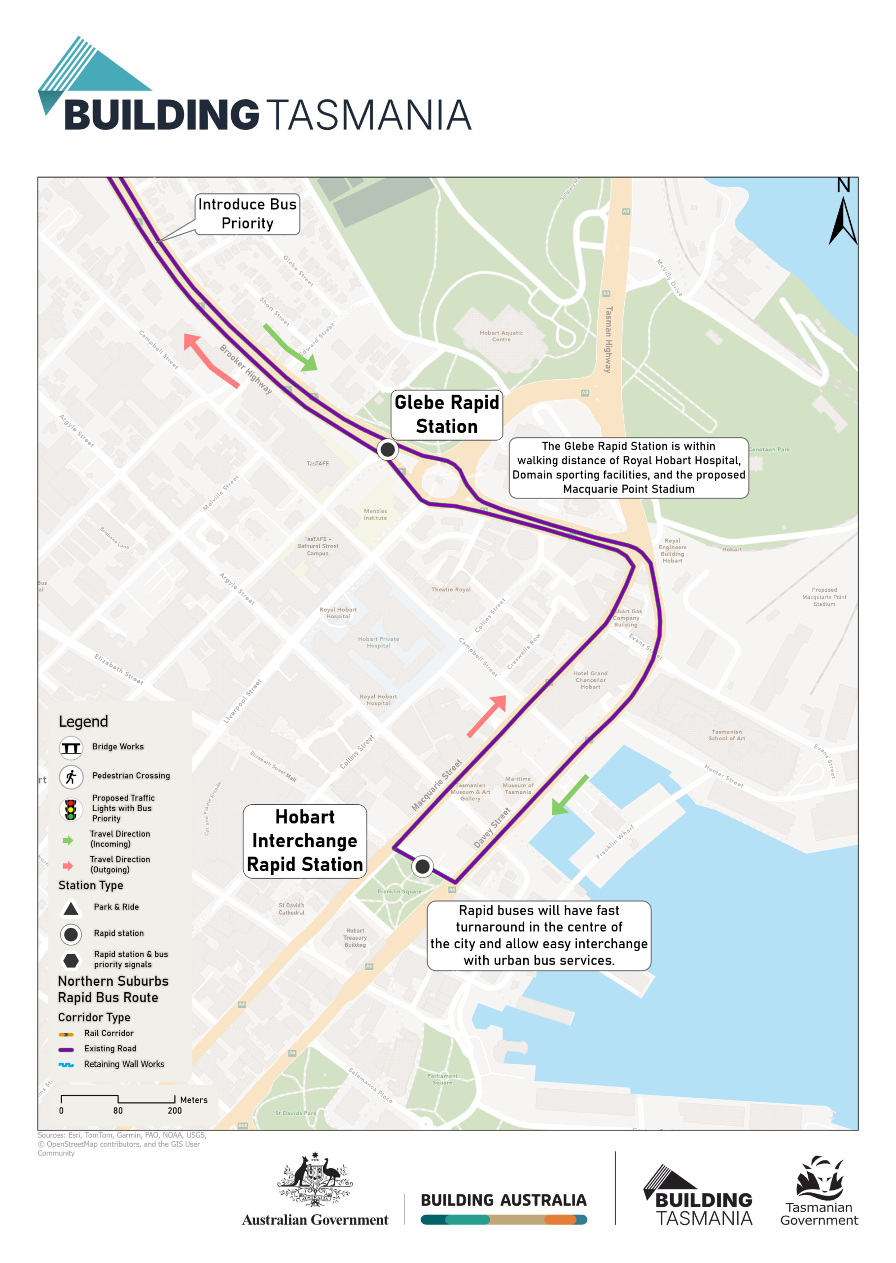 Map showing the proposed Northern Suburbs Rapid Bus Route between the Hobart Interchange and Glebe Rapid Station, using Davey Street, Macquarie Street and Brooker Avenue. Highlighting fast bus turnaround and interchange, the Glebe Rapid Station’s close proximity to the Royal Hobart Hospital and Domain sporting facilities, and proposed bus priority measures approaching Glebe.