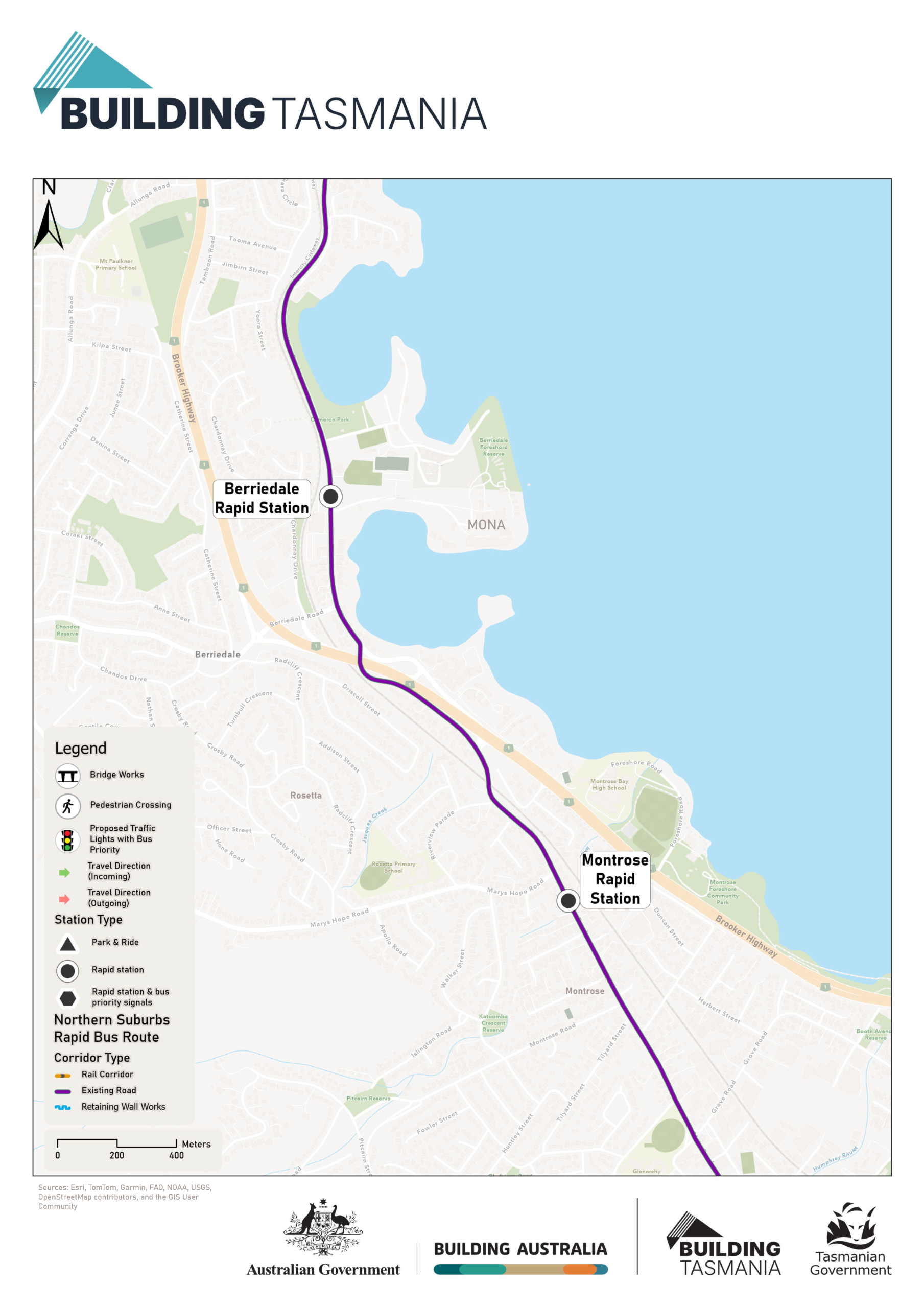 Map showing the proposed Northern Suburbs Rapid bus route between Montrose and Berriedale Rapid Stations, on Main Road, near the rail corridor.
