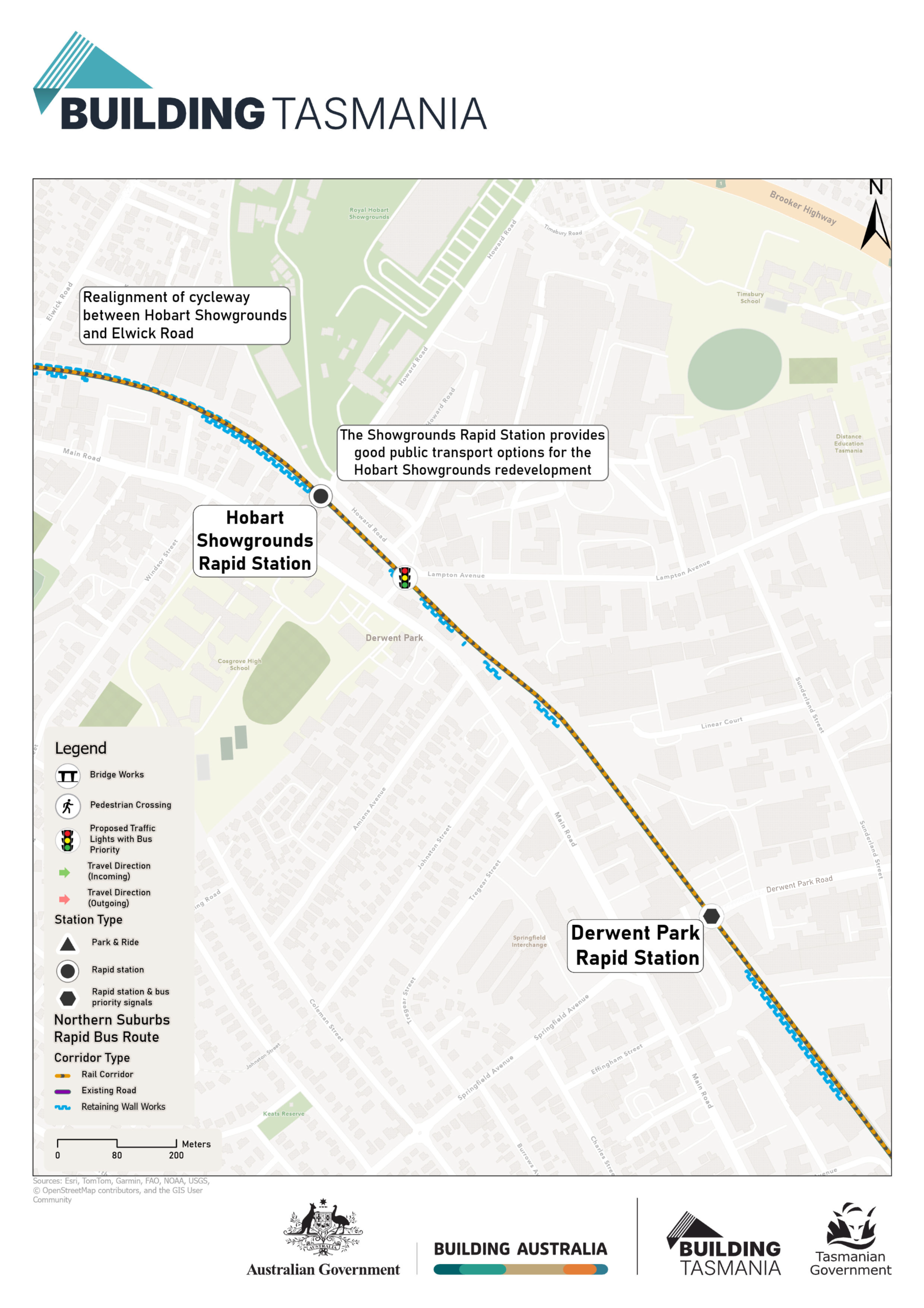 Map showing the proposed Northern Suburbs Rapid Bus Route between Derwent Park and Hobart Showgrounds Rapid Stations, following the existing rail corridor. Highlighting the Hobart Showgrounds station providing public transport options for the Showgrounds redevelopment and proposed realignment of the cycleway between the Showgrounds and Elwick Road.
