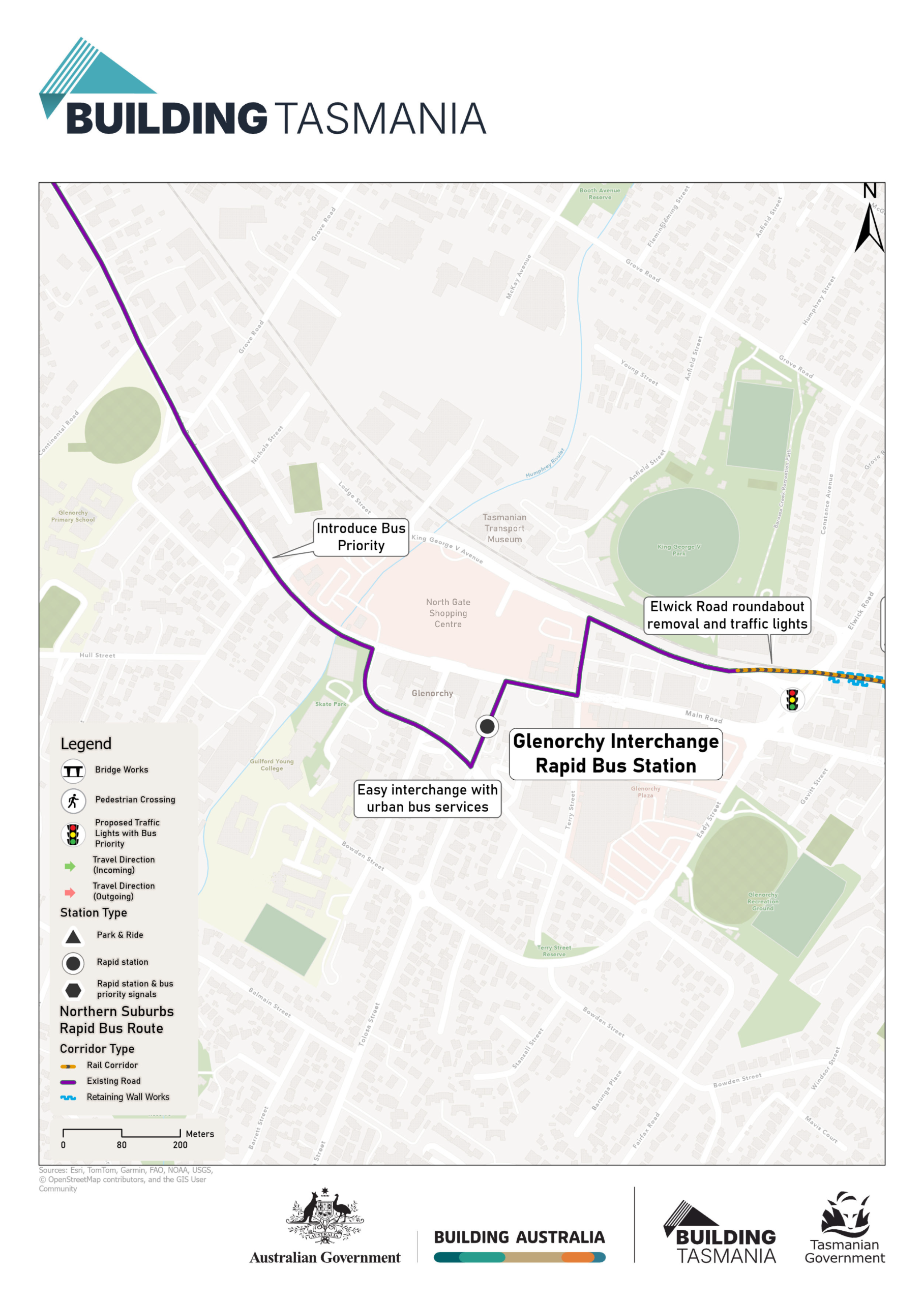 ​Map showing the proposed Northern Suburbs Rapid Bus Route through Glenorchy, including the Glenorchy Interchange Rapid Bus Station. Highlighting easy interchange with urban bus services, proposed bus priority measures and removal of the Elwick Road roundabout and installation of traffic lights.