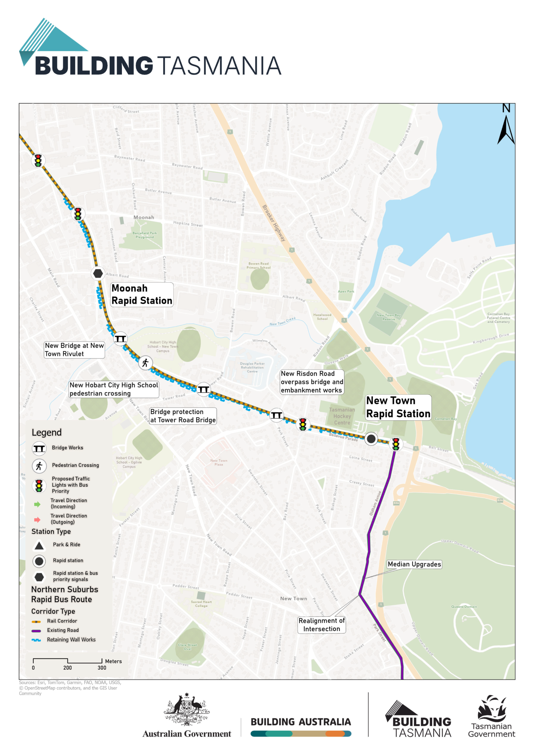Map showing the proposed Northern Suburbs Rapid Bus Route between New Town and Moonah Rapid Stations, using New Town Road and the existing rail corridor. Highlighting a new Risdon Road overpass bridge and embankment works, bridge protection at Tower Road Bridge, a new bridge at New Town Rivulet, and a new Hobart City High School pedestrian crossing.