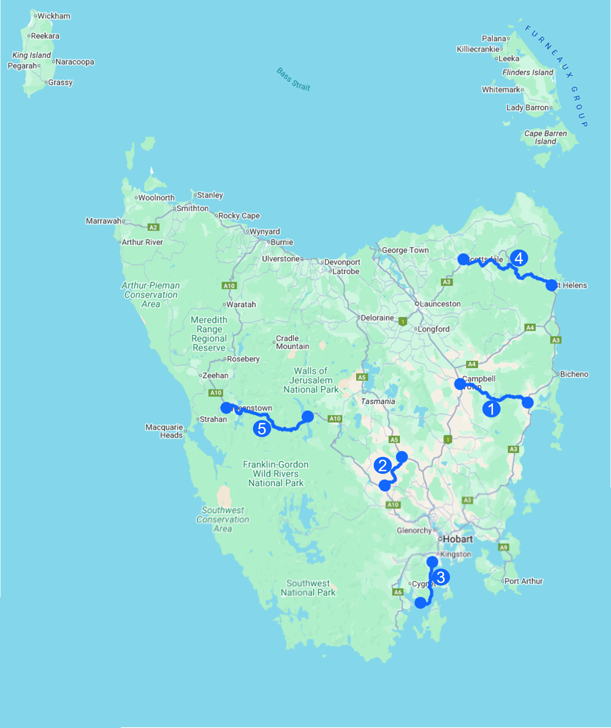 Image of Tasmania with the previous audit routes highlighted, including Tasman Highway, Channel Highway, Lyell Highway, Hollow Tree Road and Lake Leake Road. Each has a corresponding number, that matches the number in the text on this webpage.