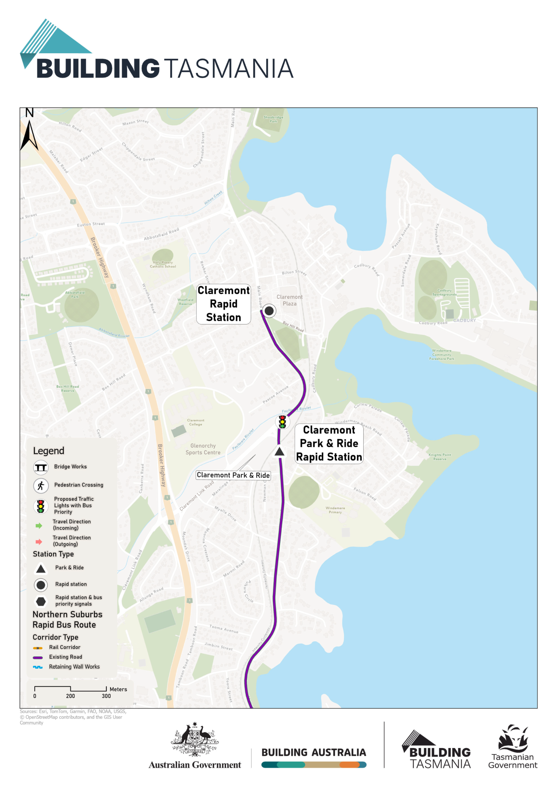 Map showing the proposed Northern Suburbs rapid bus route through Claremont, including the Claremont Park & Ride and Claremont Rapid Stations. The route is on Main Road passing close to the Claremont Park & Ride facility and ending next to Claremont Plaza shopping centre. 