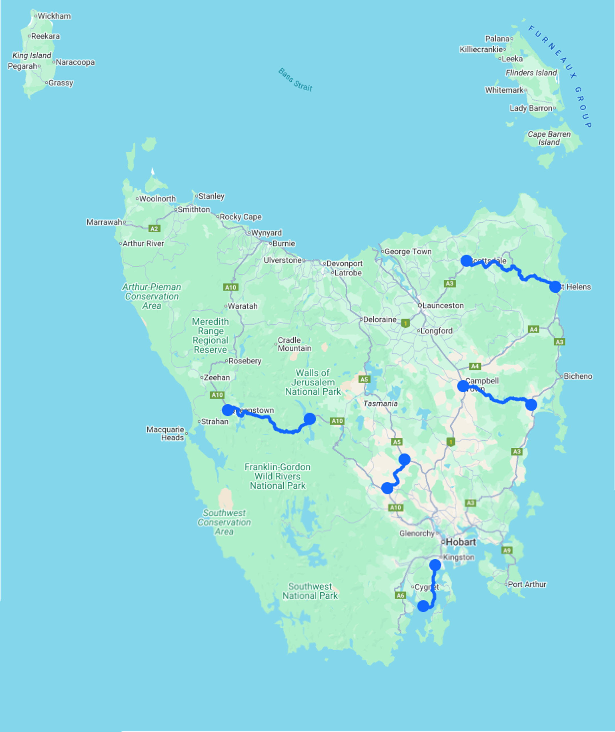 Image of Tasmania with the previous audit routes highlighted, including Tasman Highway, Channel Highway, Lyell Highway, Hollow Tree Road and Lake Leake Road