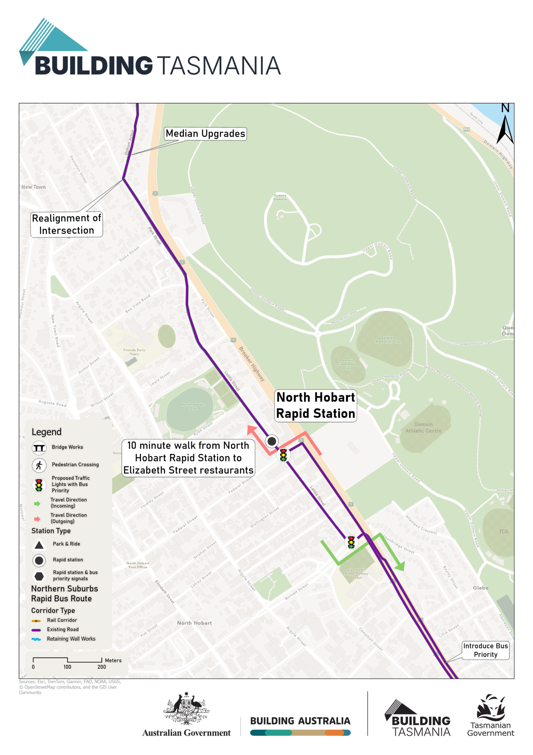 Map showing the proposed Northern Suburbs Rapid Bus Route through North Hobart, including the North Hobart Rapid Station on Letitia Street. Highlighting a 10-minute walk to Elizabeth Street restaurants, proposed bus priority measures, median upgrades and intersection realignment along the route.